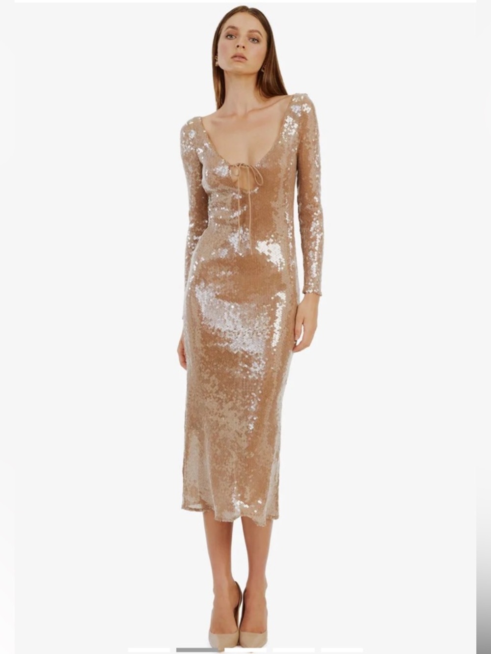 Bardot Champagne Sequin Long-Sleeve Midi Dress